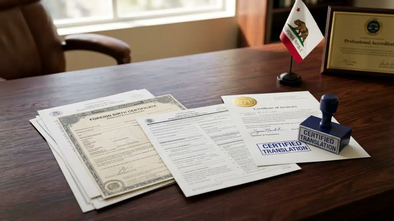 Professional certified translation services in California for USCIS immigration, legal courts, and academic transcripts featuring Spanish and Chinese documents.